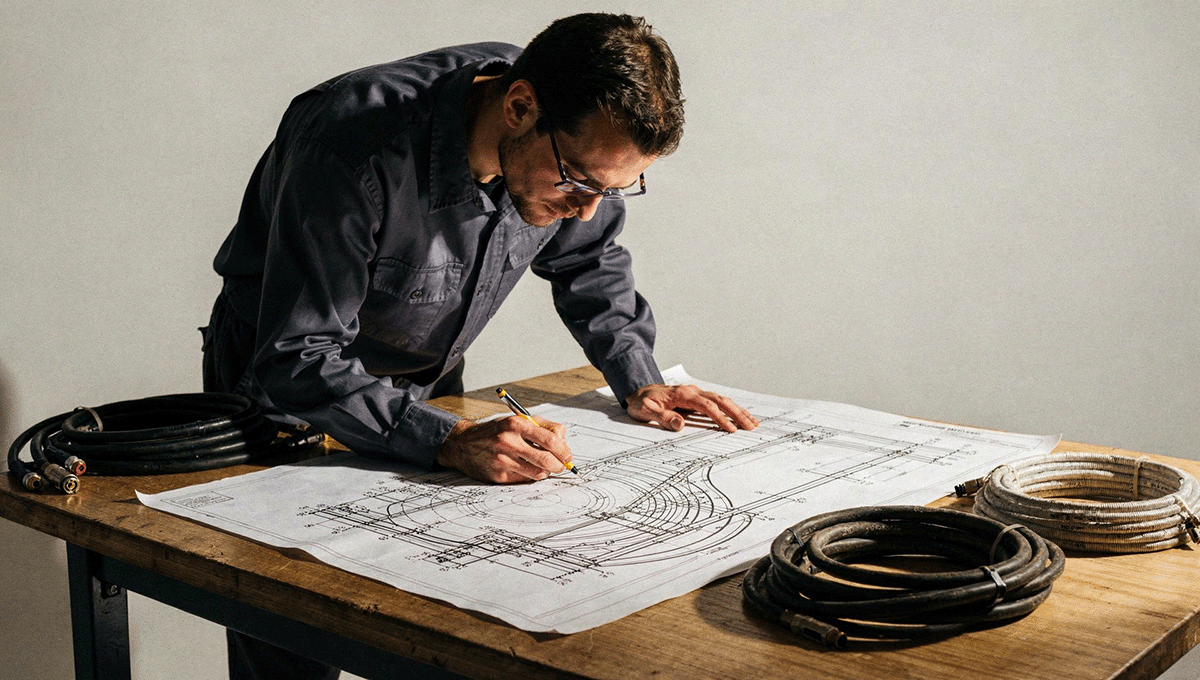Engineer focusing on a technical drawing spread on a wooden table. Coils of hoses are on the table.