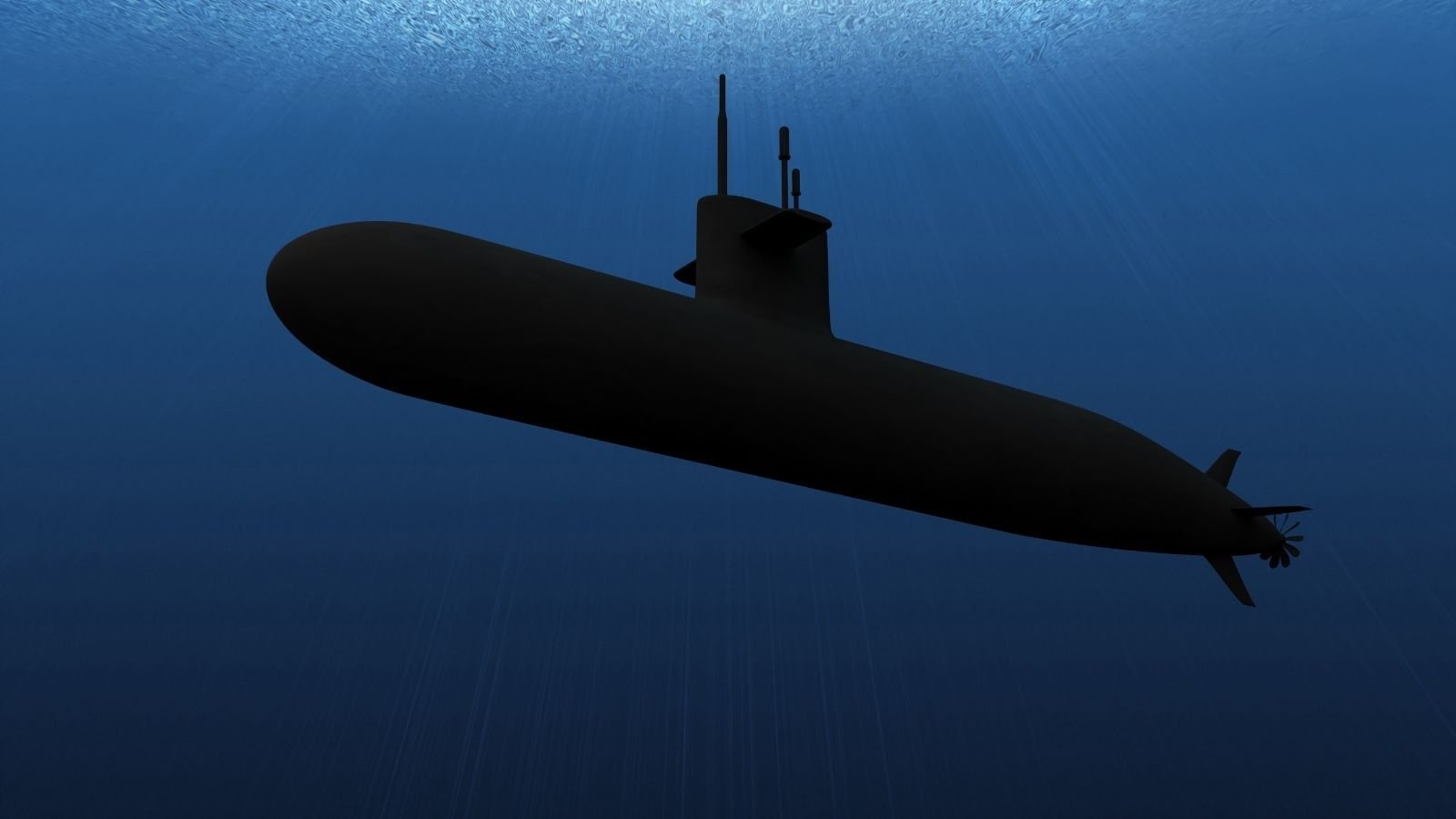 A dark submarine glides silently underwater, silhouetted against deep blue. Sunlight filters from above.