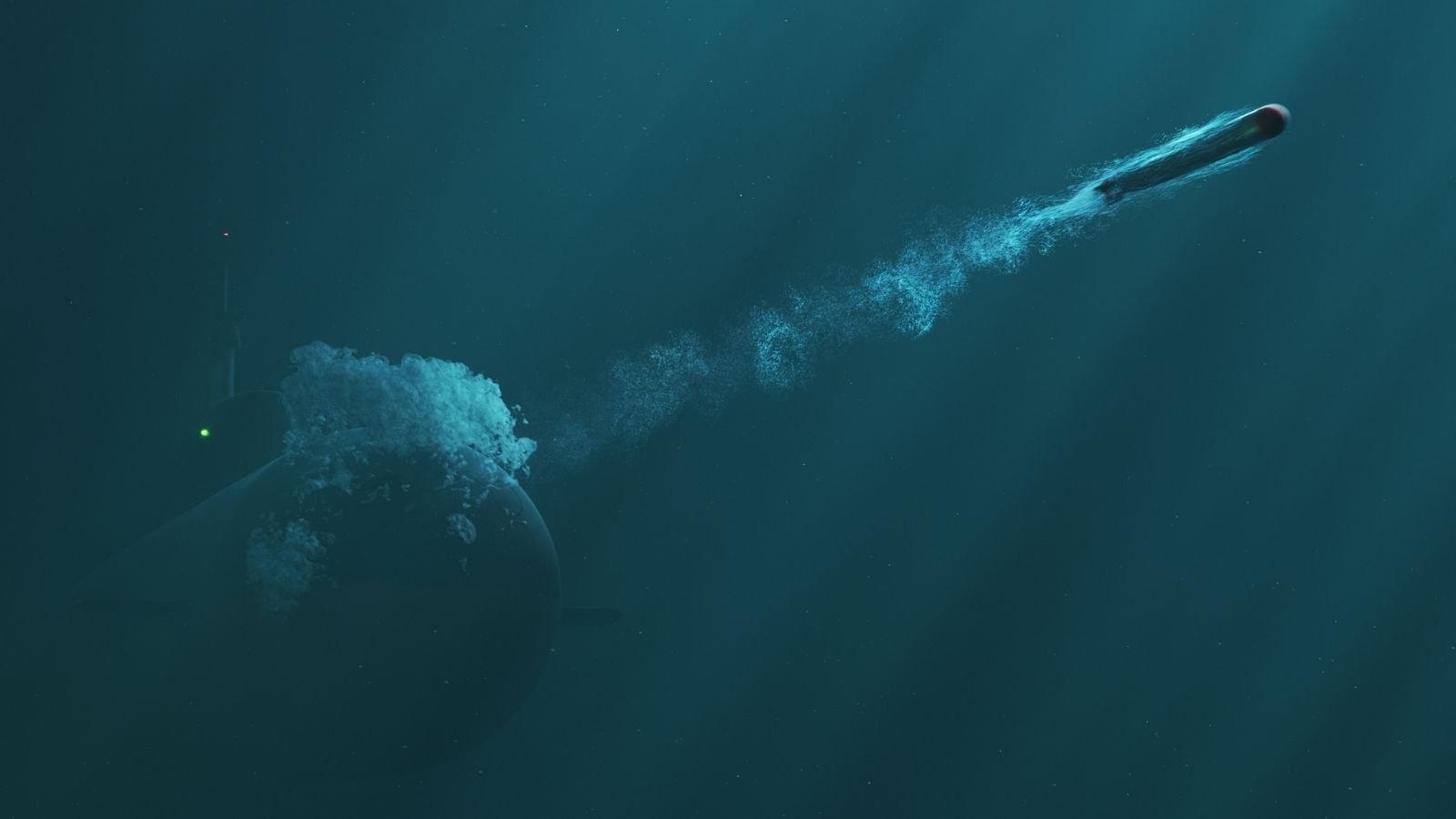 A submarine is submerged underwater, launching a torpedo. The scene is dimly lit, with bubbles and a trail.