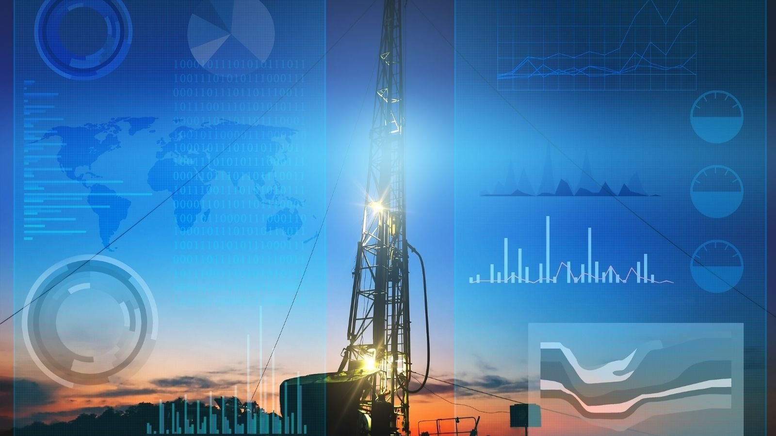 An oil rig silhouetted against a sunset sky with overlayed digital graphs and maps, conveying technology, energy, and data analysis themes.