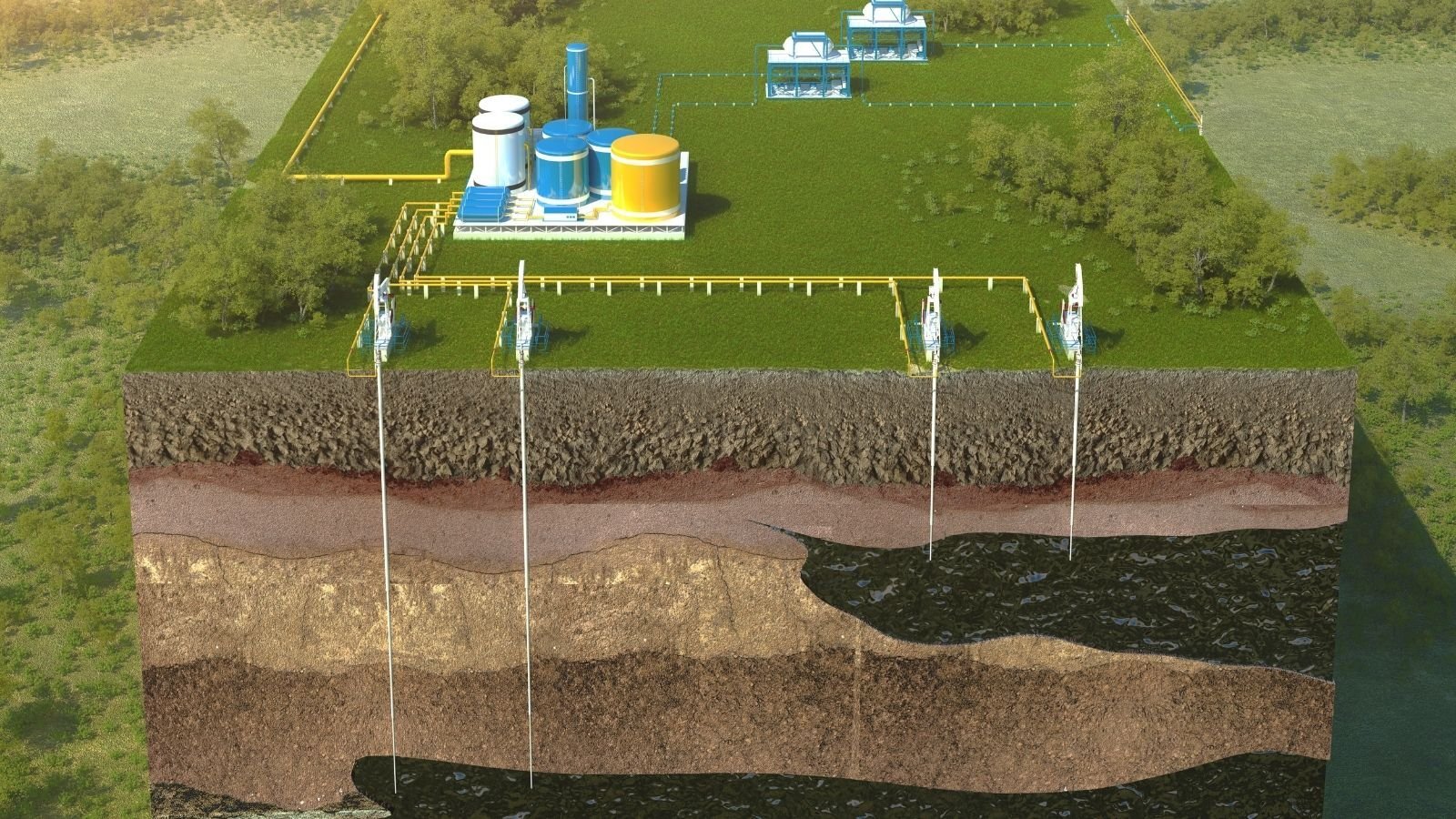 Cross-section illustration of an oil drilling site. Above ground, there are various industrial structures surrounded by trees. Below, drilling extends through layered earth and rock.