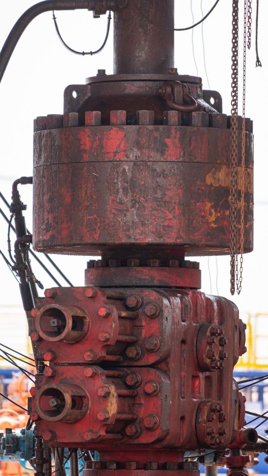 Close-up of a weathered, red oil rig blowout preventer with multiple valves and bolts. Chains and wires are attached.