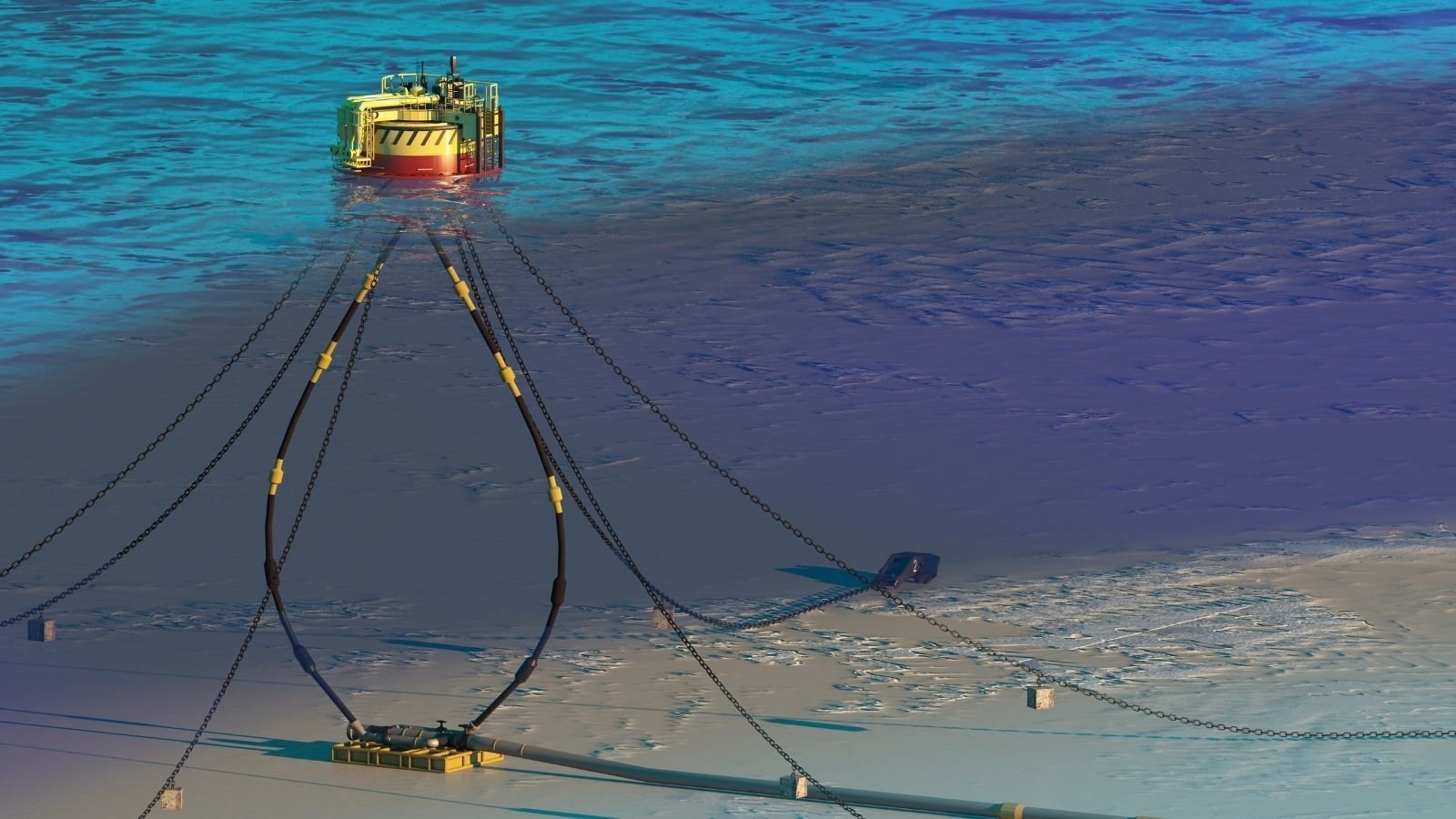 Underwater scene with a seafloor installation. A structure is connected by multiple cables, extending across the sandy, blue-tinged ocean floor.