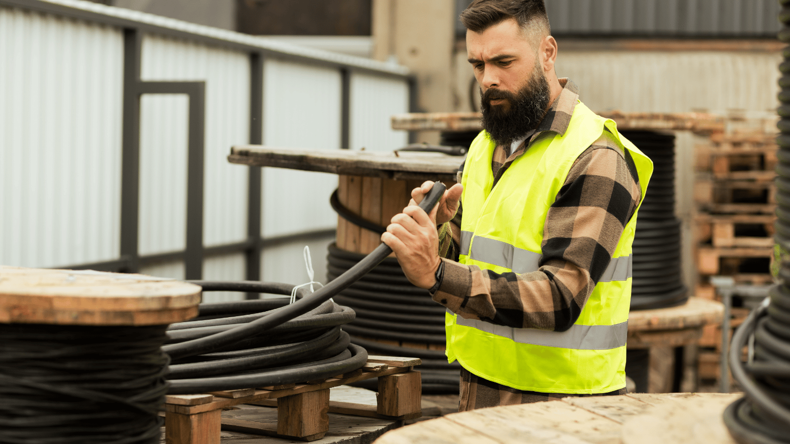A man in a yellow safety vest examines a large industrial cable on a wooden reel. 